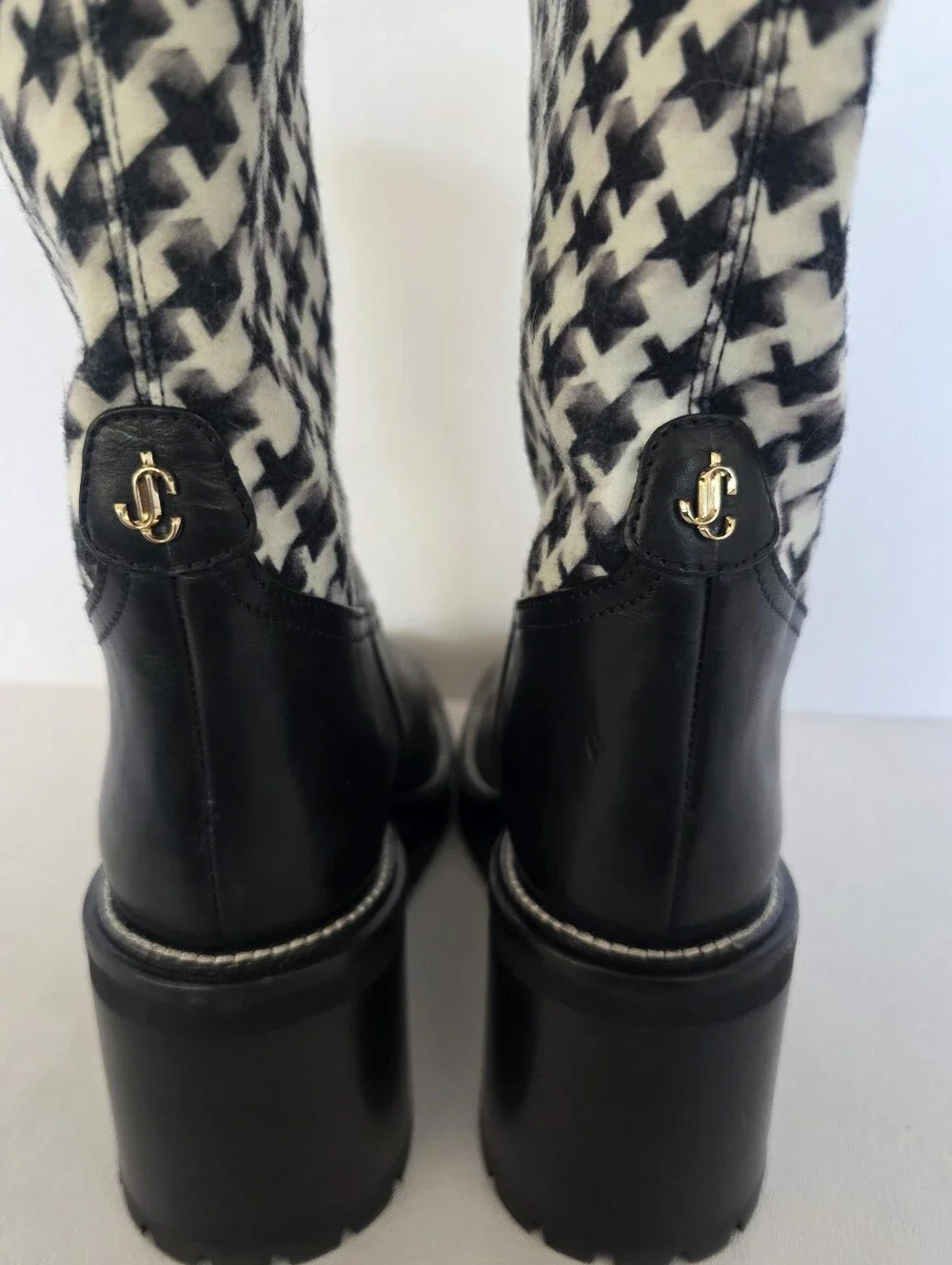 Jimmy Choo Yola Two-Tone Houndstooth Wedge Boots Chunky Lug Sole Leather 37 7